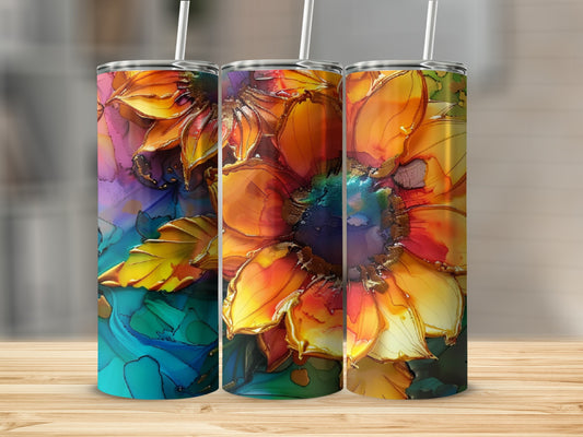Three tumblers with colorful floral abstract designs.