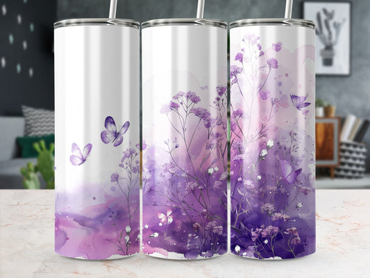 White tumbler with purple watercolor butterflies and floral design.