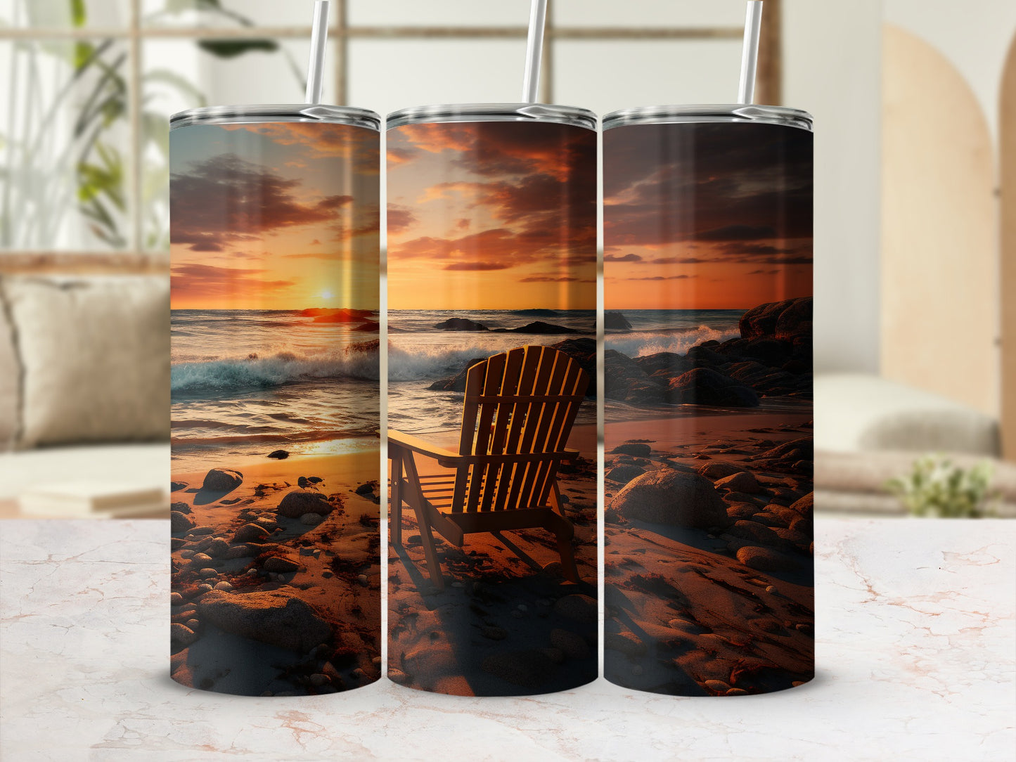 Scenic Sunset Beach Chair Design Tumbler Cup