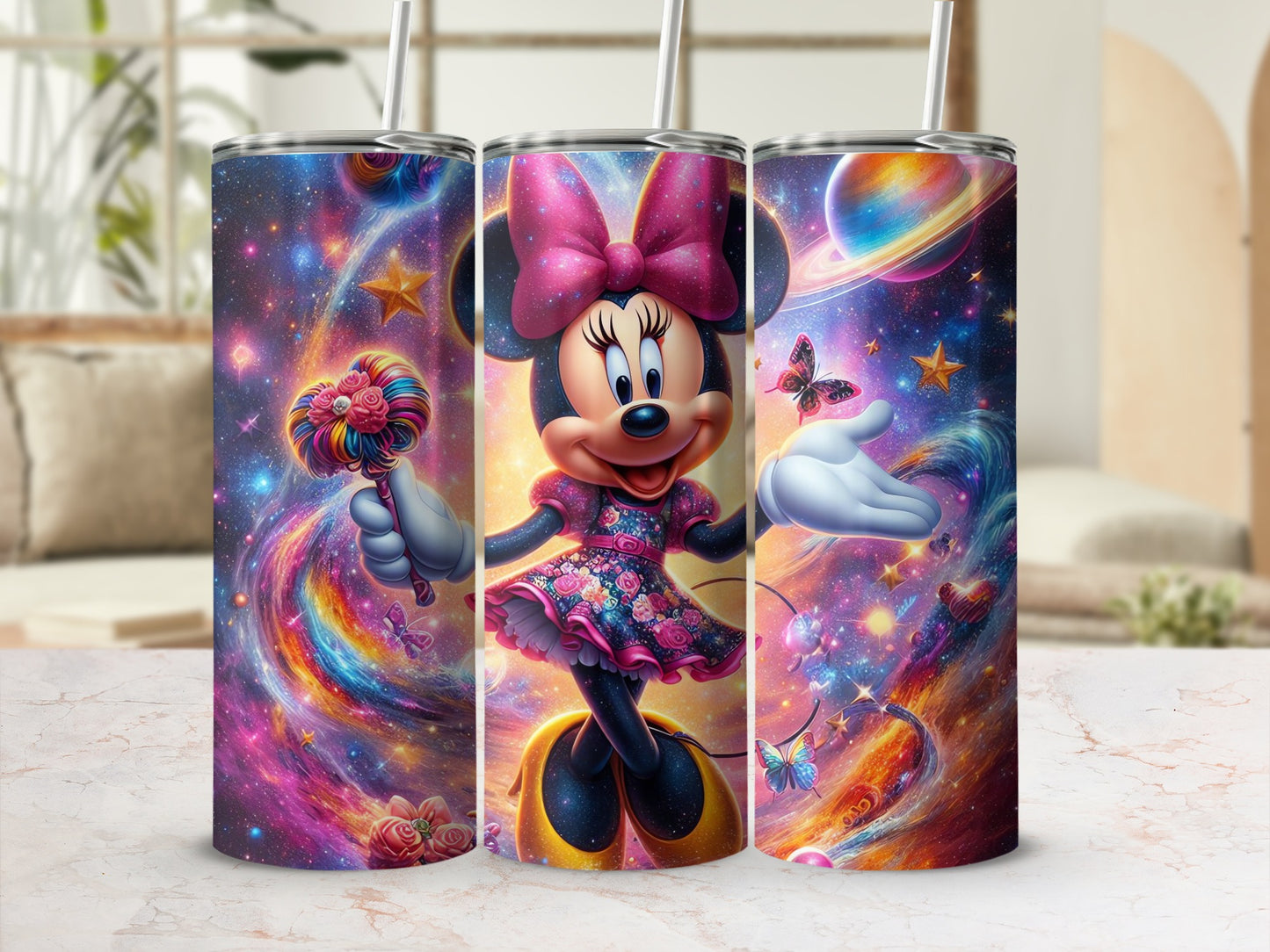 Vibrant Cosmic Minnie Mouse Tumbler Galaxy Design