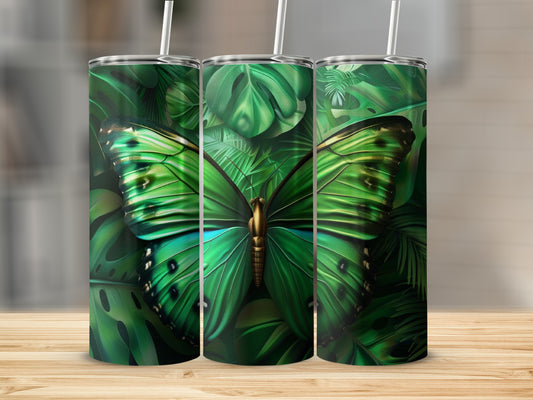 Green butterfly on a background of lush tropical leaves.
