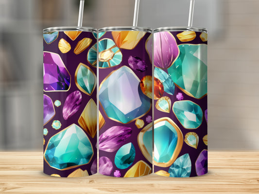 Three tumblers with purple background and colorful gemstone pattern.