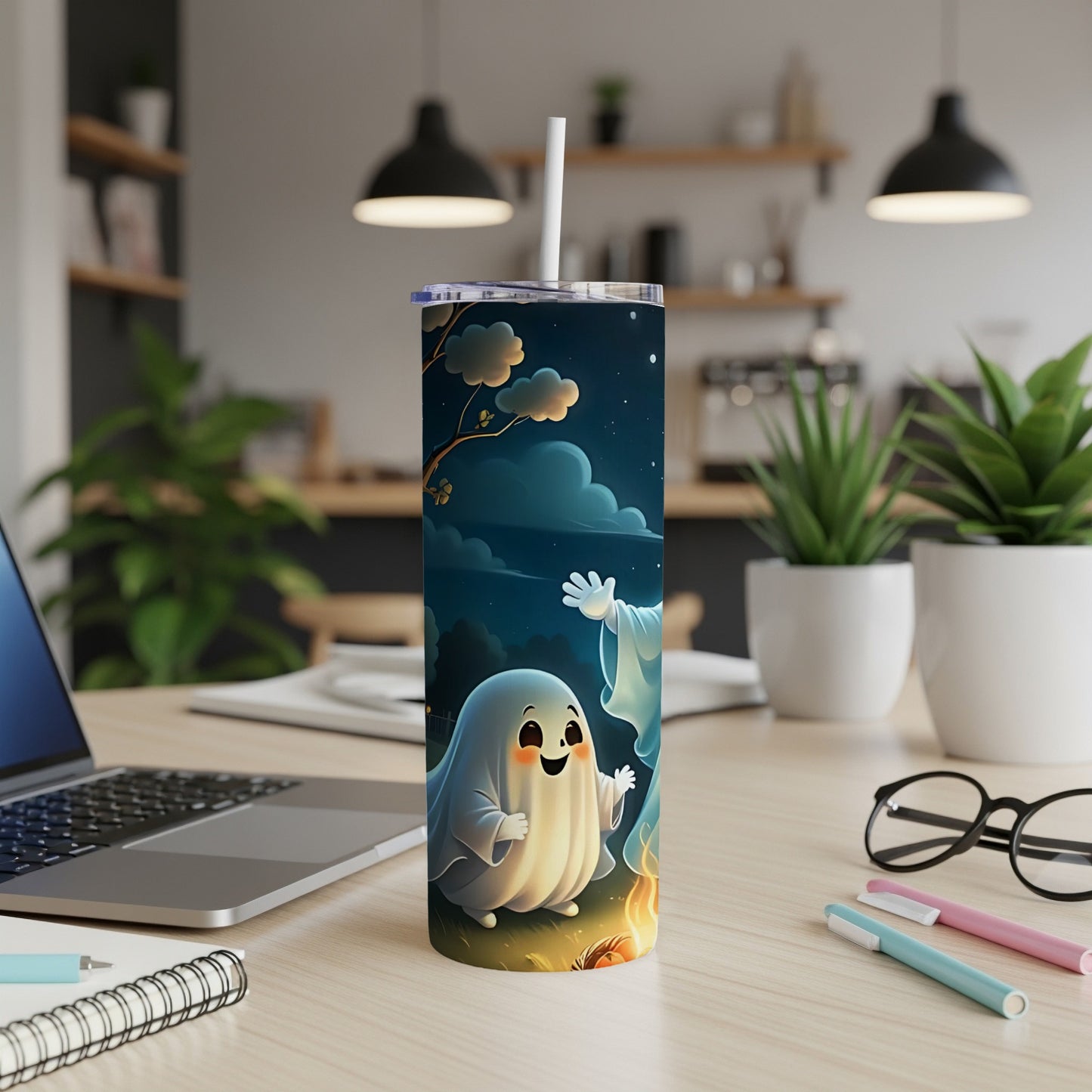 Tumbler with smiling ghosts and a campfire on a starry night background.