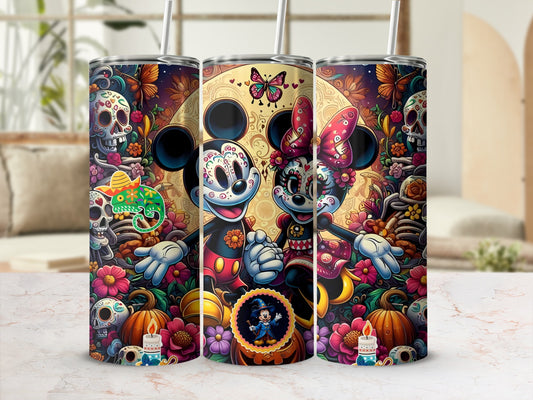 Colorful Disney Characters with Floral Skull Design Tumbler