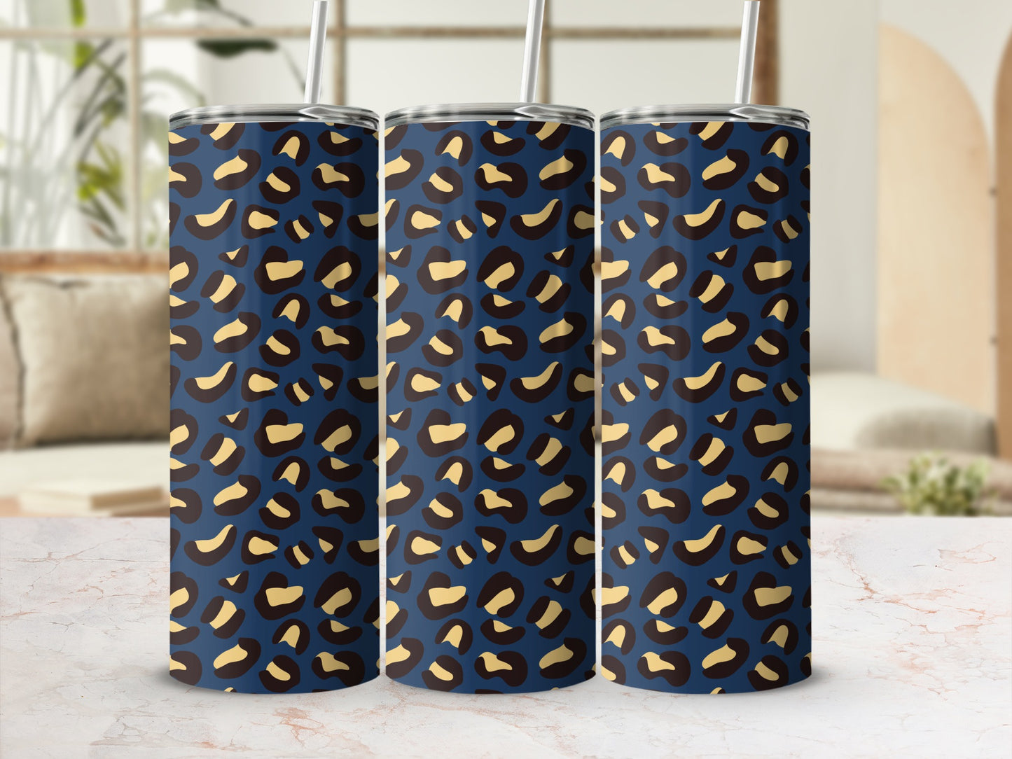 Blue and Gold Leopard Print Stainless Steel Tumbler