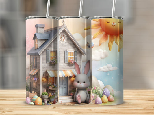 Bunny, Easter eggs, and house design on three tumblers.