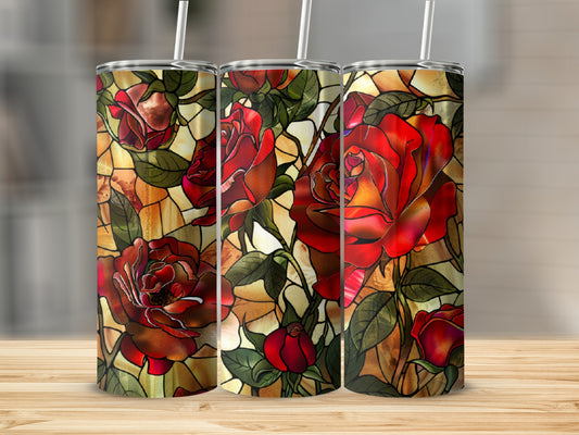Triptych of tumblers featuring stained glass roses design.