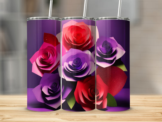 Three tumblers with vibrant rose designs in shades of red and purple.