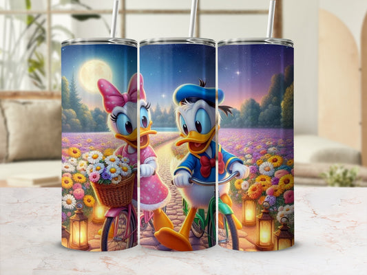 Cute Cartoon Ducks on Bicycles Floral Art Tumbler