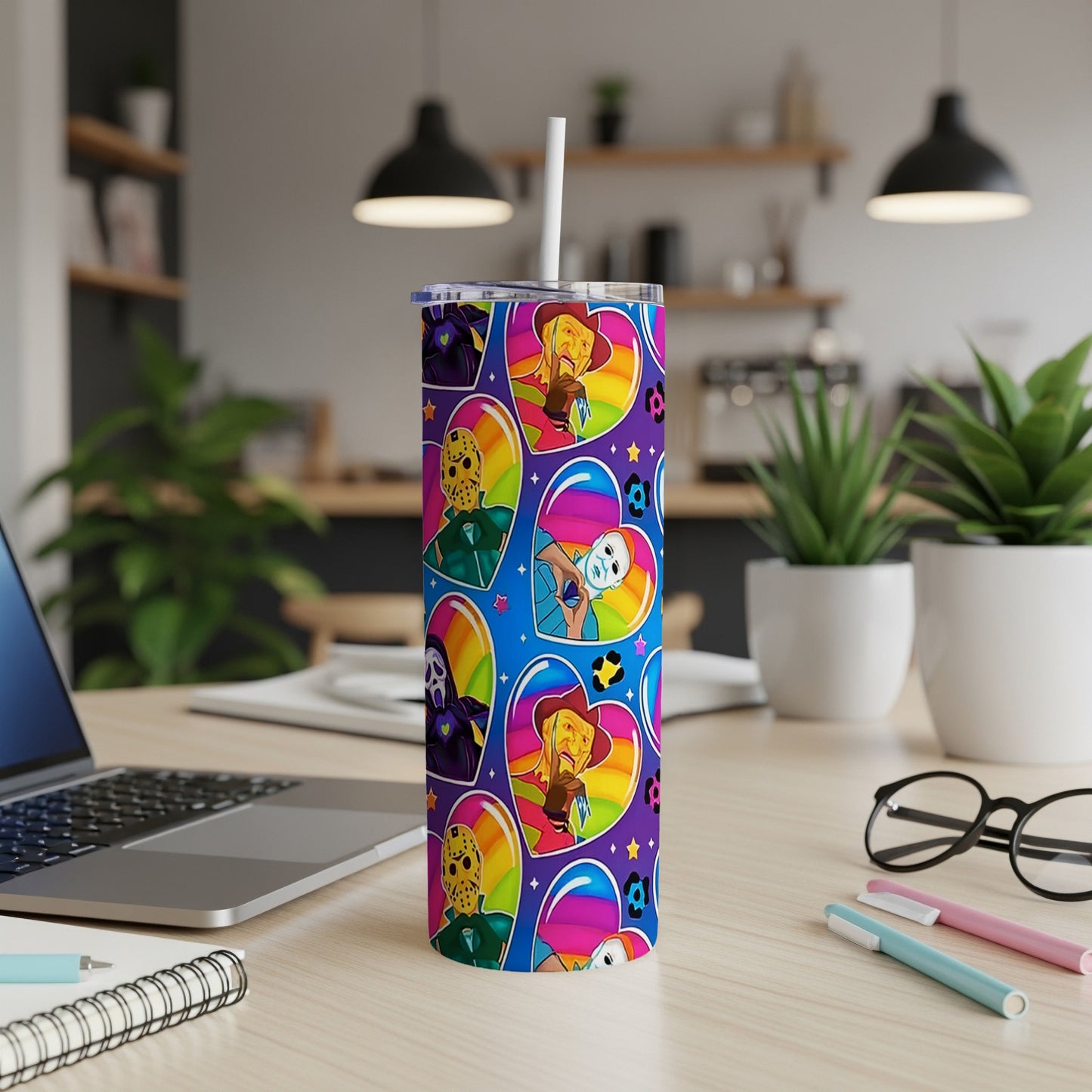 Tumbler with colorful hearts featuring horror characters, including Freddy Krueger and Jason Voorhees.