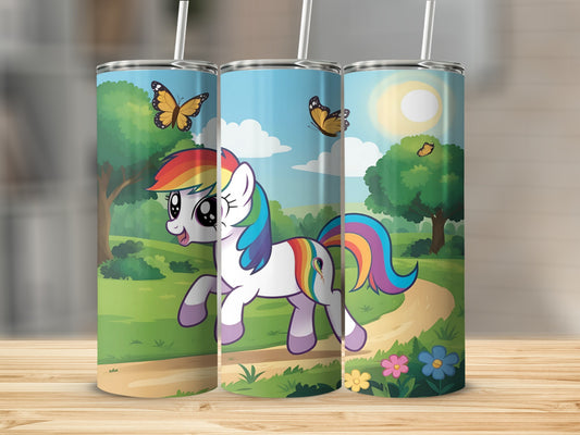 Rainbow Dash unicorn with butterflies and flowers on a sunny path.