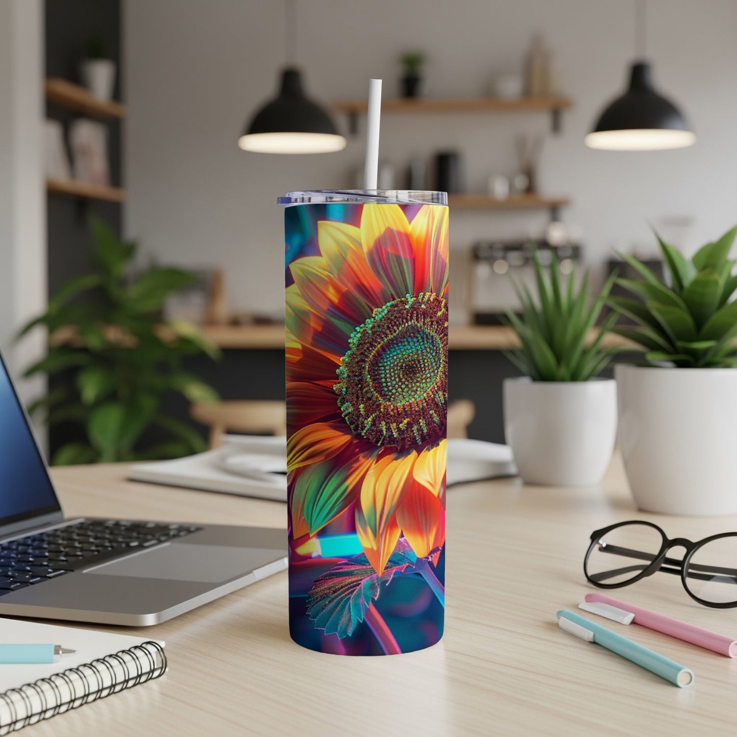 Colorful sunflower tumbler with straw on a desk.