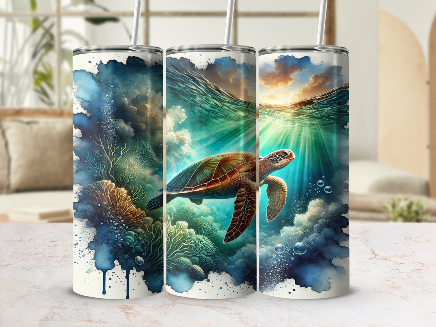 Ocean Turtle Themed Stainless Steel Tumbler Product