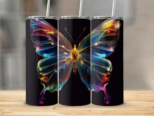 Black tumbler featuring a colorful, iridescent butterfly design.
