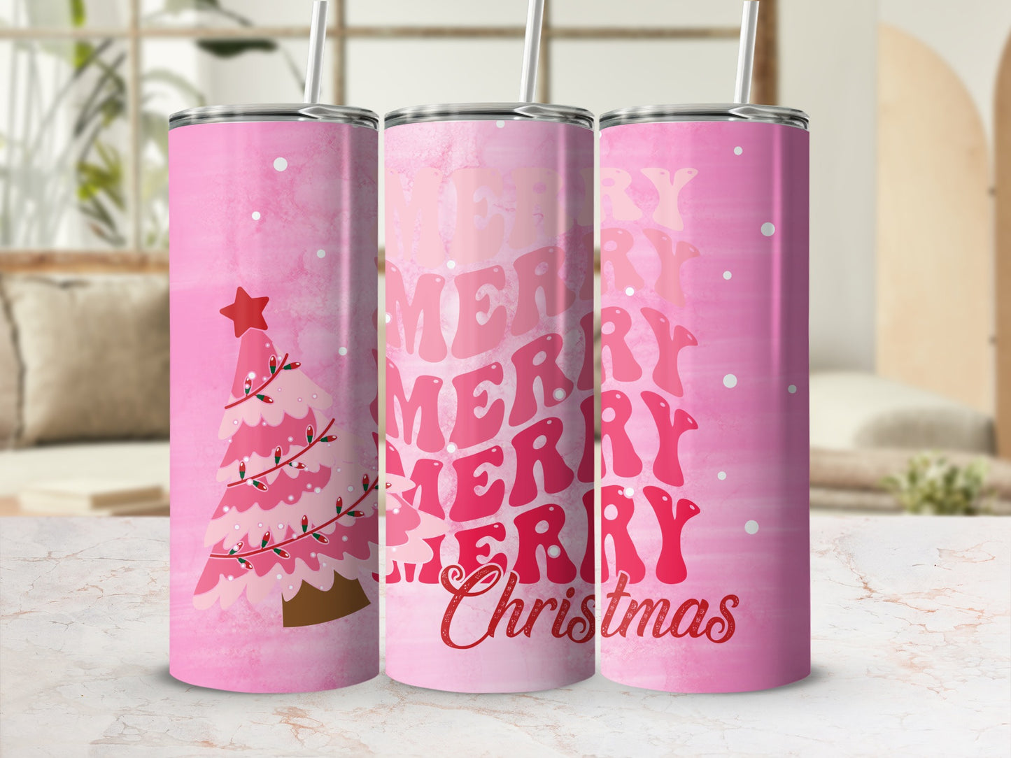 Pink Merry Christmas Tree Tumbler Cup Holiday Decor