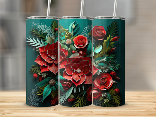 Three teal tumblers with red floral and green foliage design.