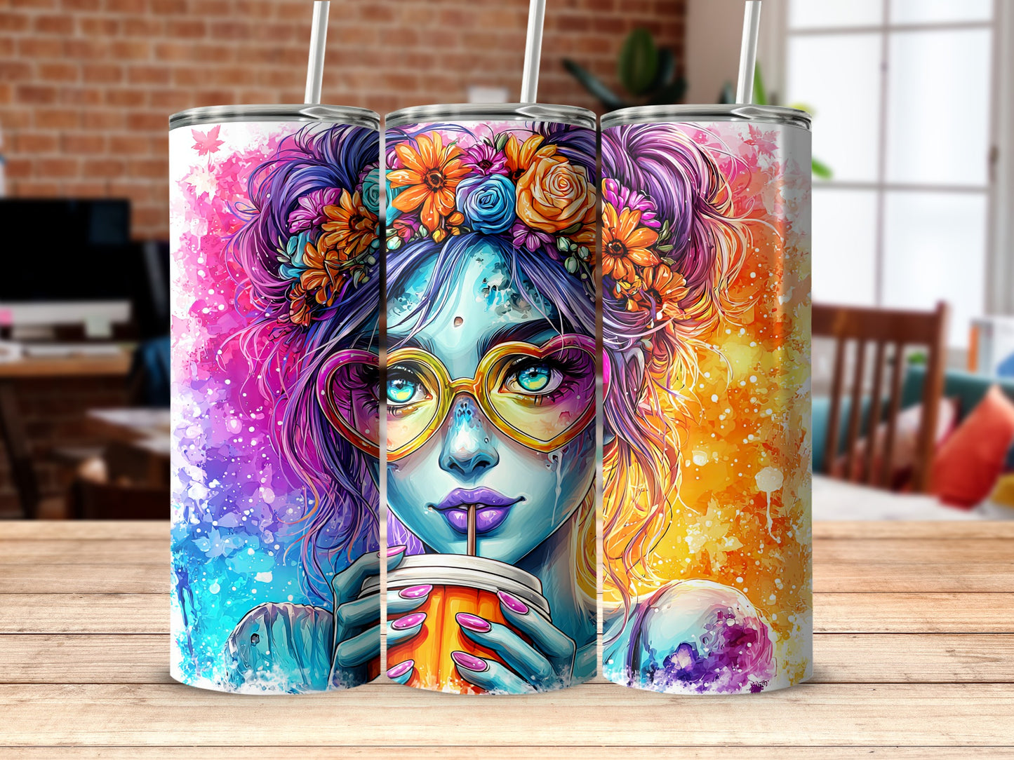 Colorful Abstract Art Tumbler with Straw Accessory