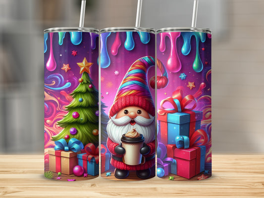 Santa gnome in striped hat holds coffee cup with gifts and Christmas tree.