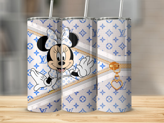 Minnie Mouse in designer print tumbler with gold zipper and heart charm.