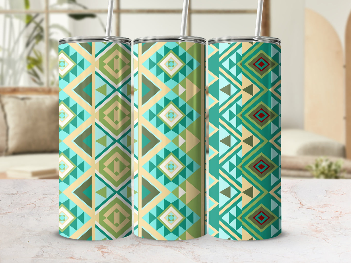 Colorful Geometric Patterned Insulated Tumbler Set