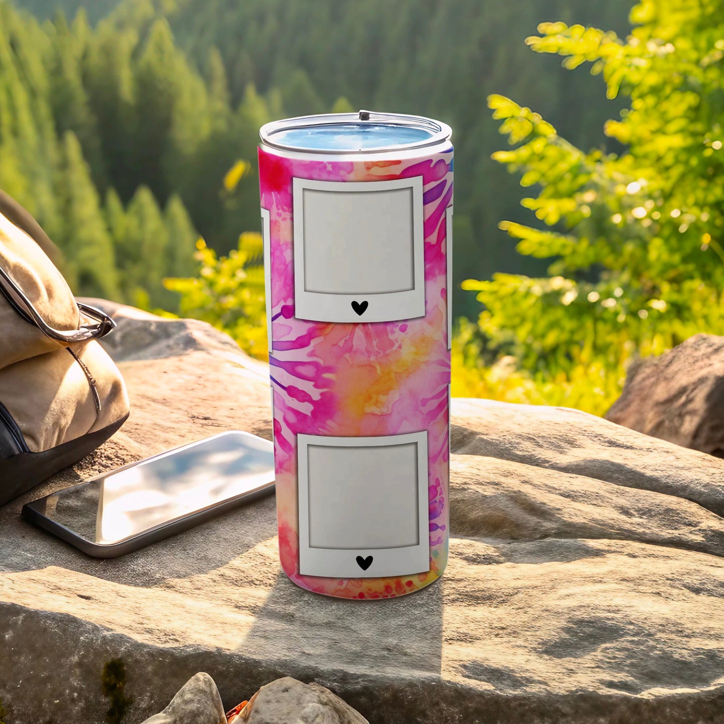 Tumbler with pink and yellow watercolor pattern and two white photo frame placeholders.