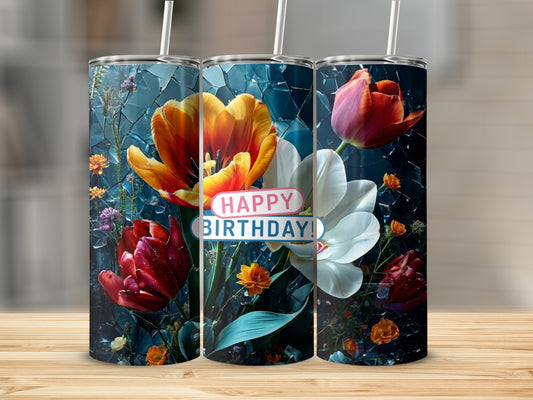 Three tumblers with tulips and "Happy Birthday!" text.