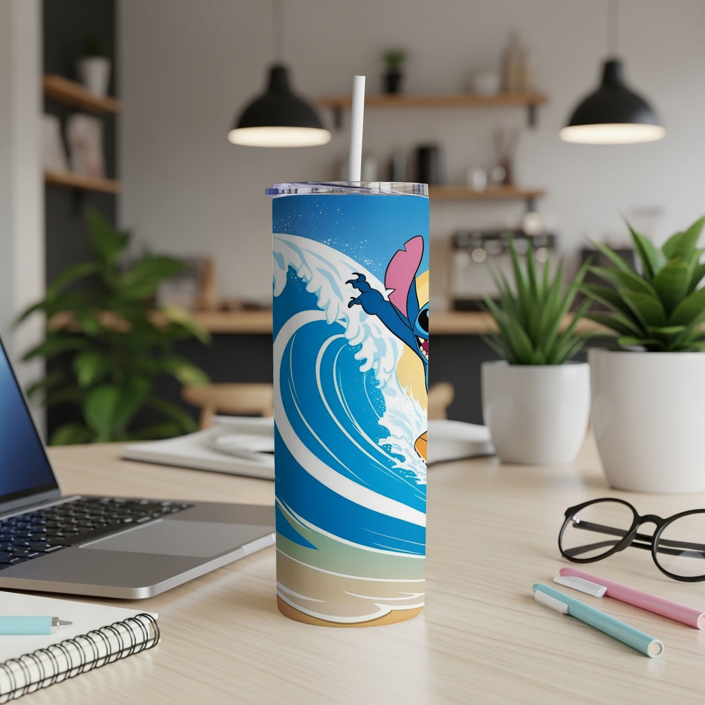 Stitch surfing a large wave on a blue and tan tumbler.