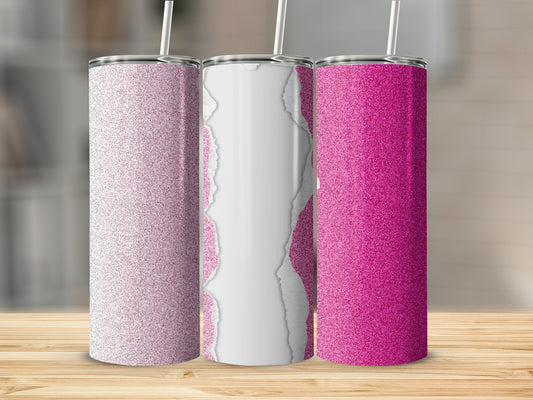 Three glitter tumblers with a torn paper effect on the middle one.