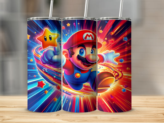 Mario holding a star, surrounded by colorful streaks and stars.