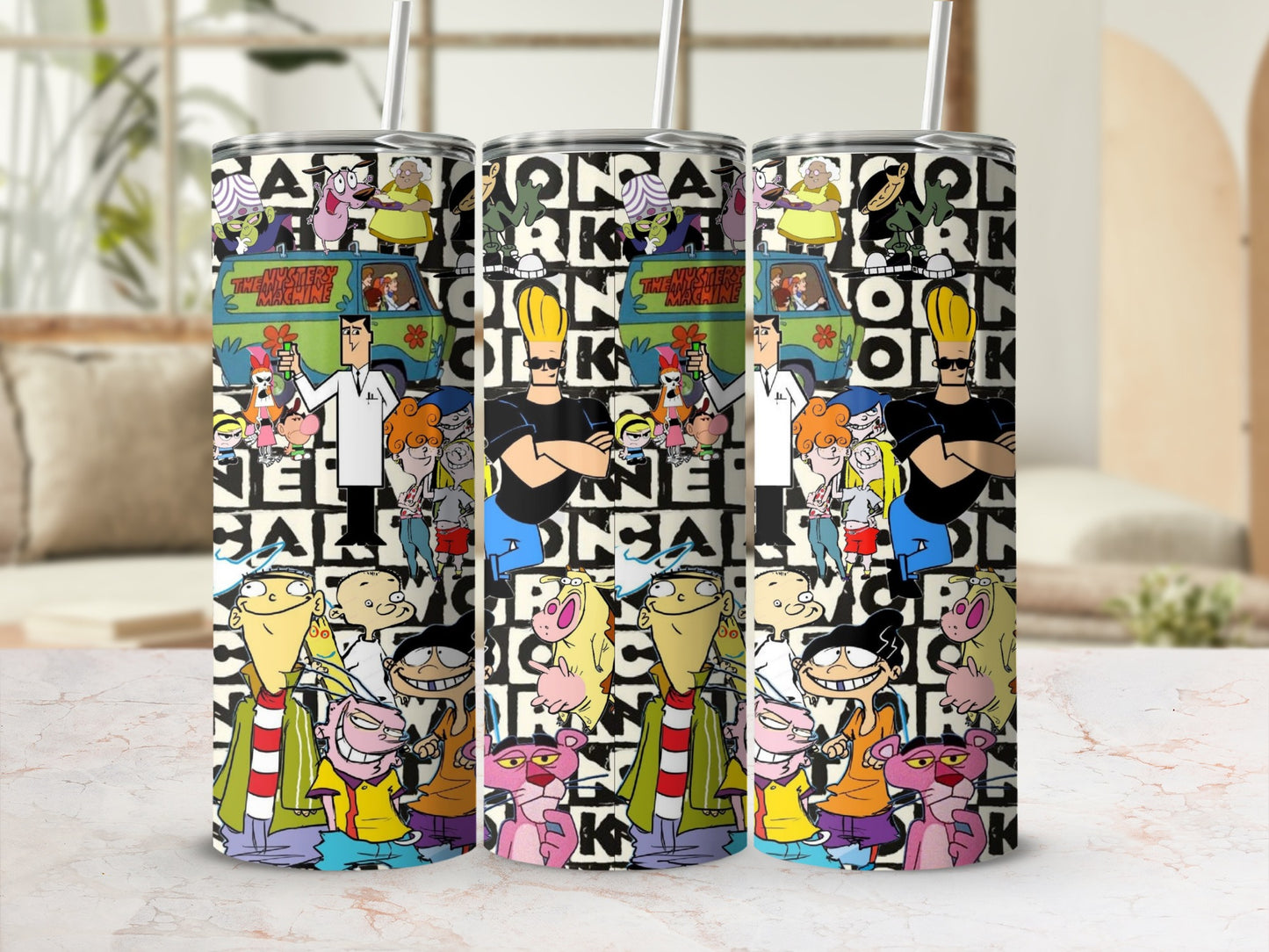 Cartoon Characters Collage Tumbler with Straw Accessory