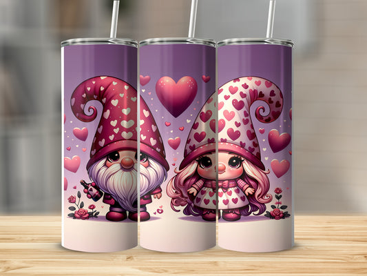 Two Valentine's Day gnomes, one with a beard, surrounded by hearts.