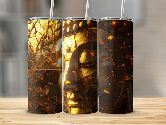 Three patterned tumblers with a Buddha face design and straws.