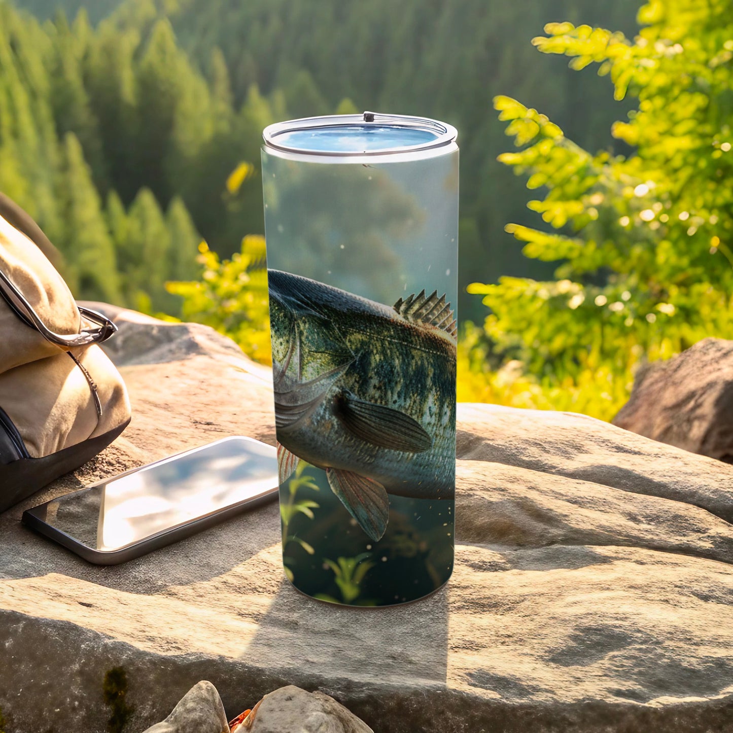 Tervis tumbler featuring a close-up of a bass fish against a blurred forest background.