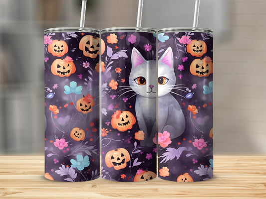 Three tumblers with a gray cat and Halloween pumpkin pattern.