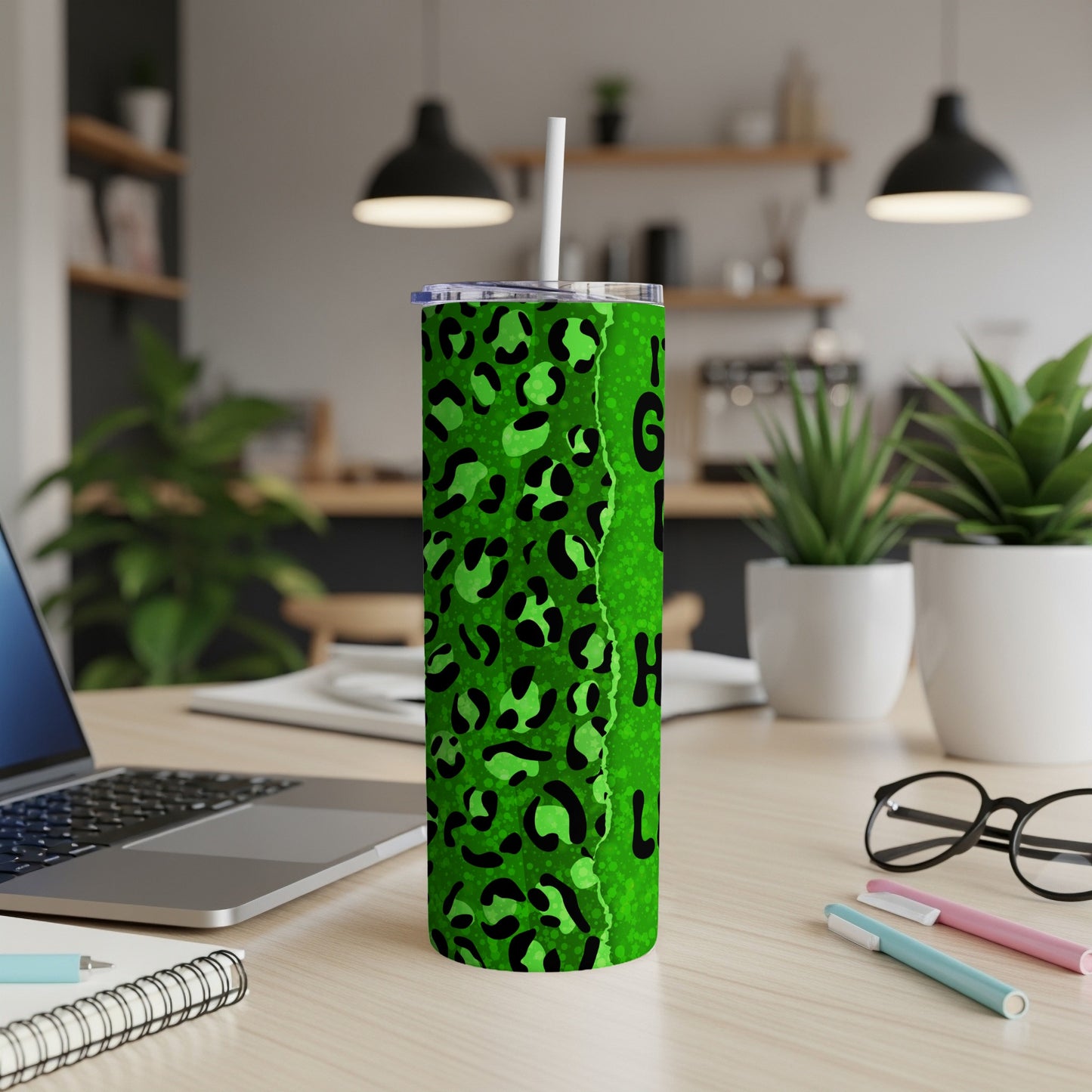 Green tumbler with leopard print and "I'm Going To Hell" text.