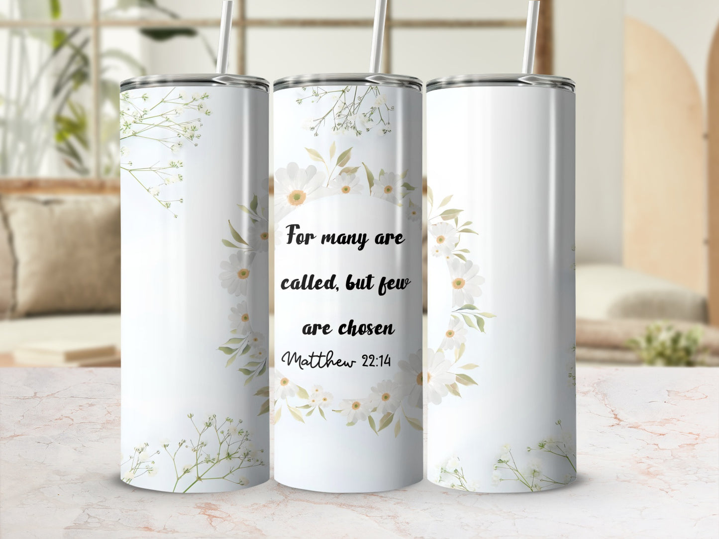 Inspirational Floral Design Tumbler with Religious Quote