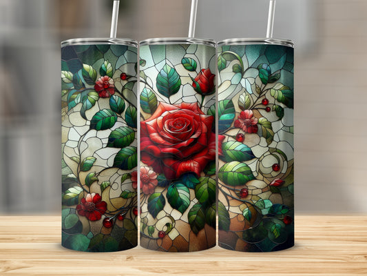 Three tumblers with red roses and green leaves stained glass design.