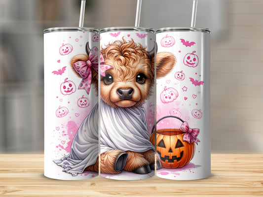 Cute cow ghost with Halloween pumpkins and bats on a skinny tumbler.