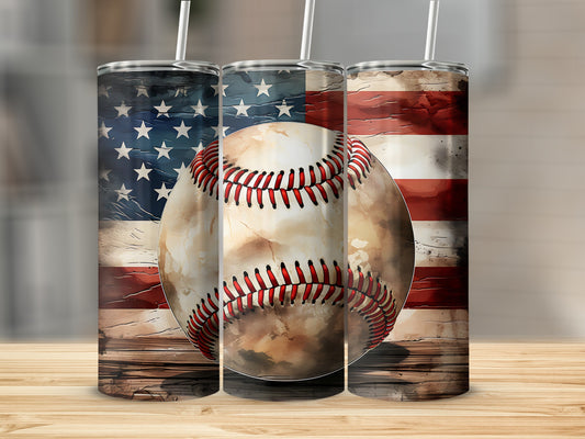 Baseball and American flag graphic on three stainless steel tumblers.