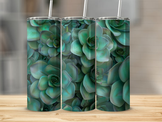 Three tumblers with a repeating pattern of green succulent plants.