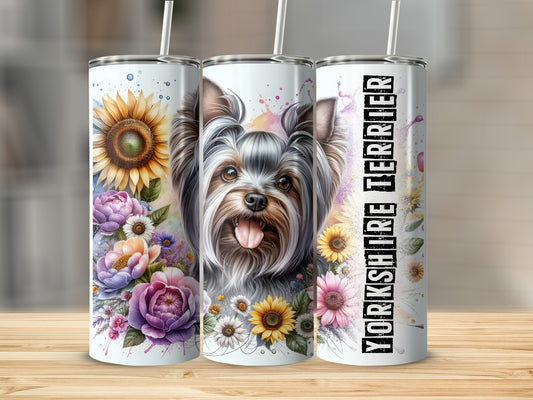 Yorkshire Terrier with sunflowers and flowers on a tumbler.