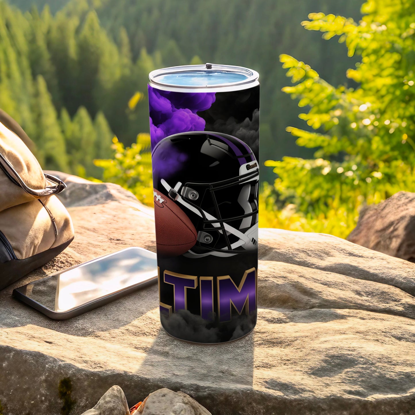 Black football helmet with purple smoke and "TIM" text on tumbler.