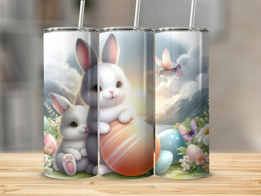 Easter bunnies and decorated eggs in a springtime landscape.