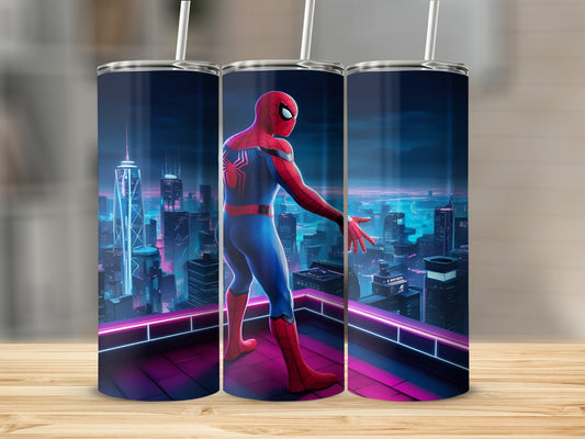 Spiderman on a rooftop overlooking a neon cityscape.