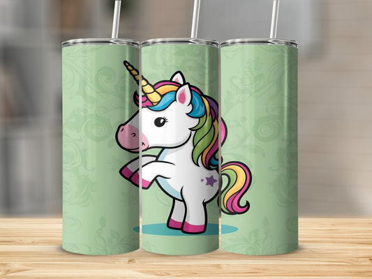 Three tumblers with a unicorn design, each with a straw.