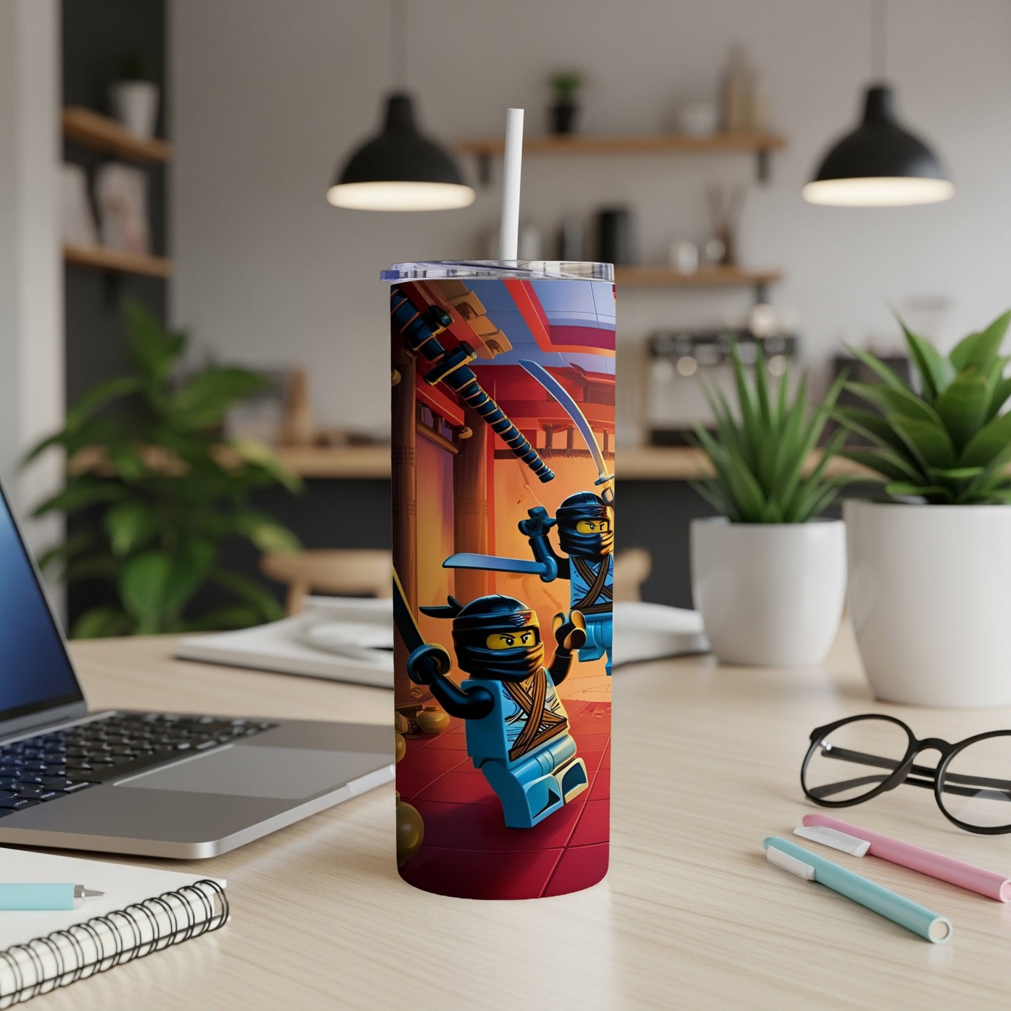 Ninjago characters fighting with swords on a blue tumbler.