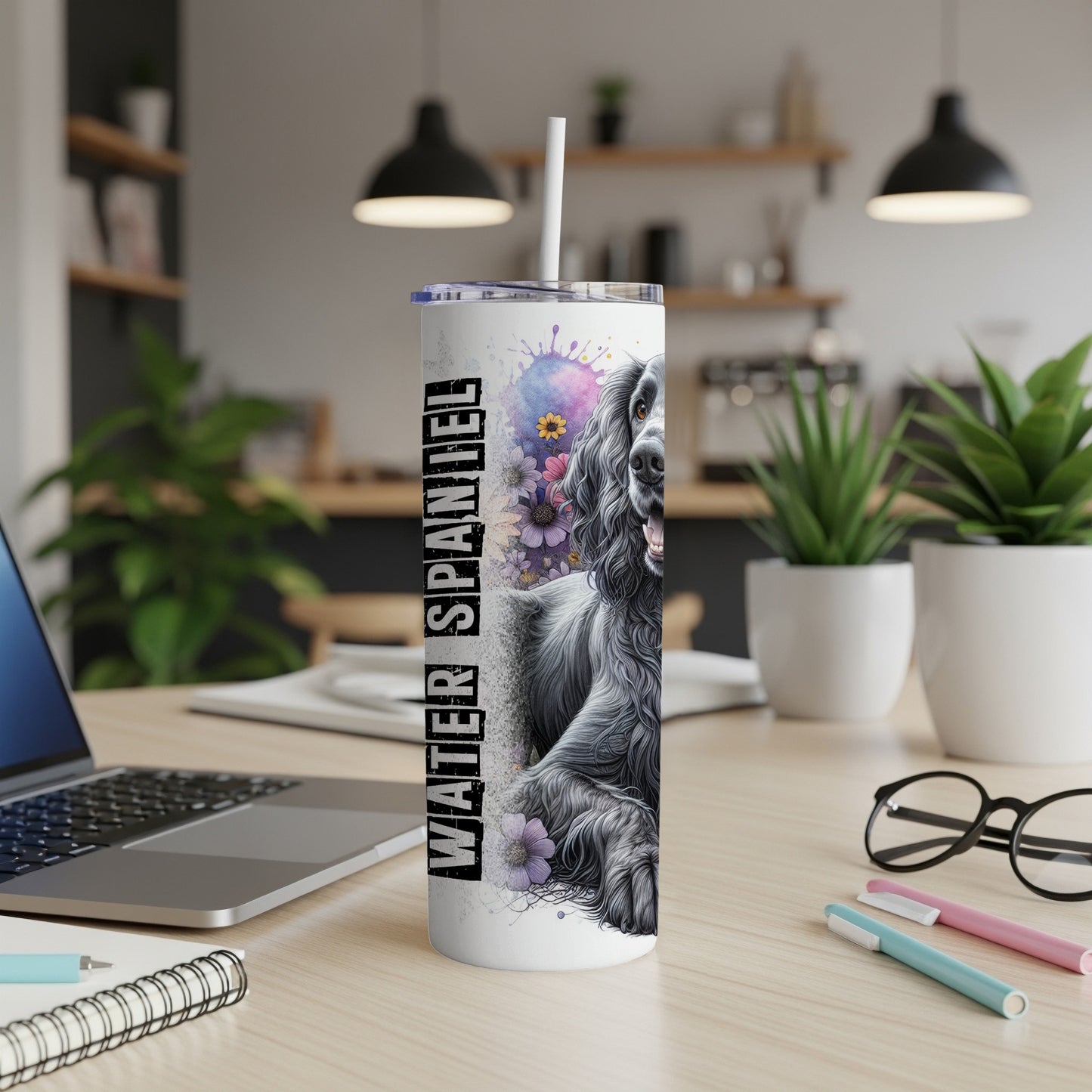 Black Cocker Spaniel artwork on a white tumbler with straw.
