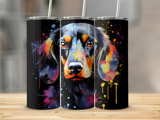 Three black tumblers with a colorful watercolor dachshund dog portrait.
