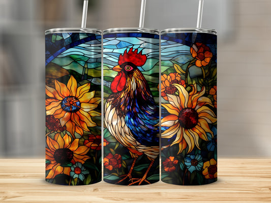 Three tumblers featuring a stained glass rooster and sunflowers.