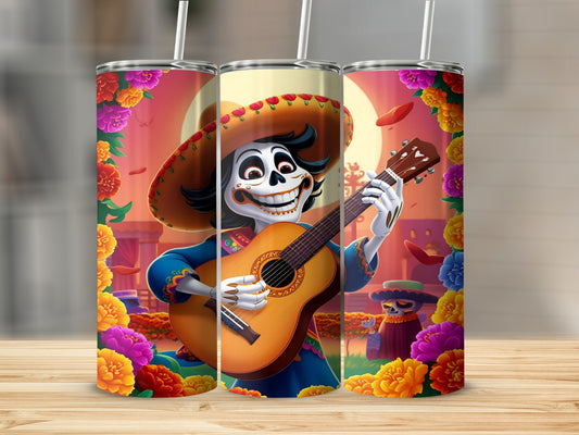 Cartoon skeleton playing guitar surrounded by colorful marigolds and flowers.